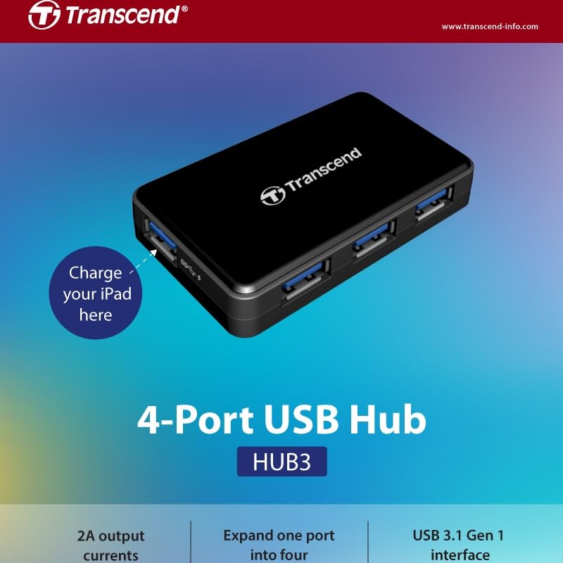 Transcend HUB3 USB 3.0 4-Port Hub with Power Adapter, 2A Charging