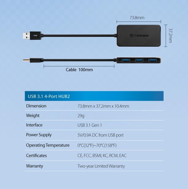 Transcend HUB2 SuperSpeed USB 3.0 4-Port Hub, Bus-Powered