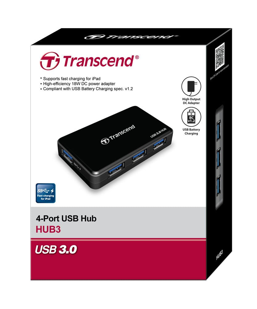 Transcend HUB3 USB 3.0 4-Port Hub with Power Adapter, 2A Charging