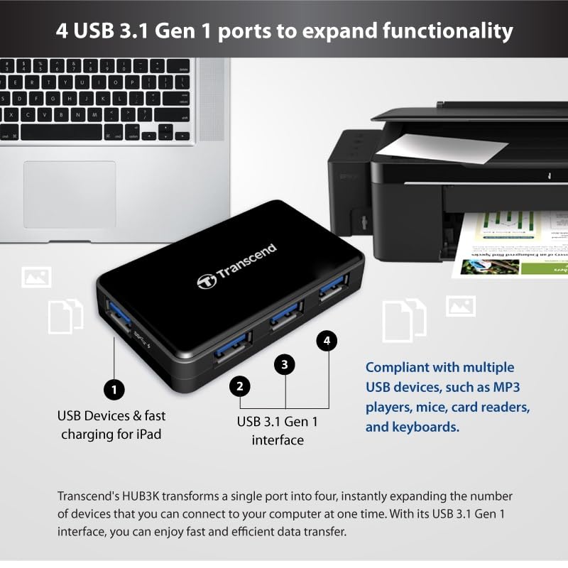 Transcend HUB3 USB 3.0 4-Port Hub with Power Adapter, 2A Charging