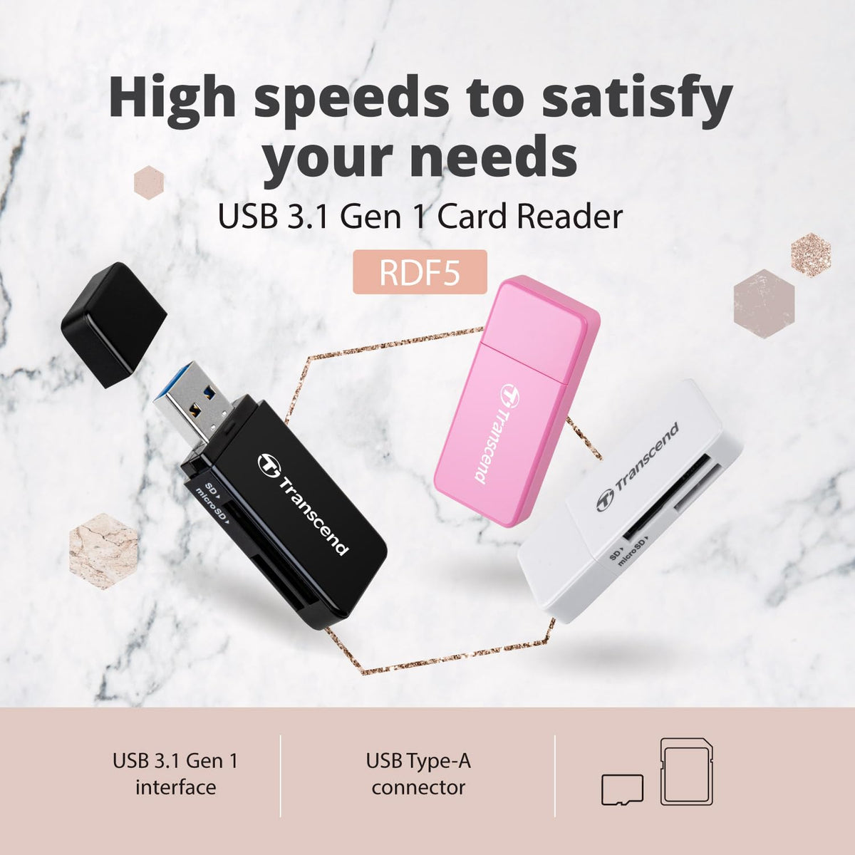 Transcend RDF5 SD and microSD Card Reader, USB 3.1 Gen 1 Type-A