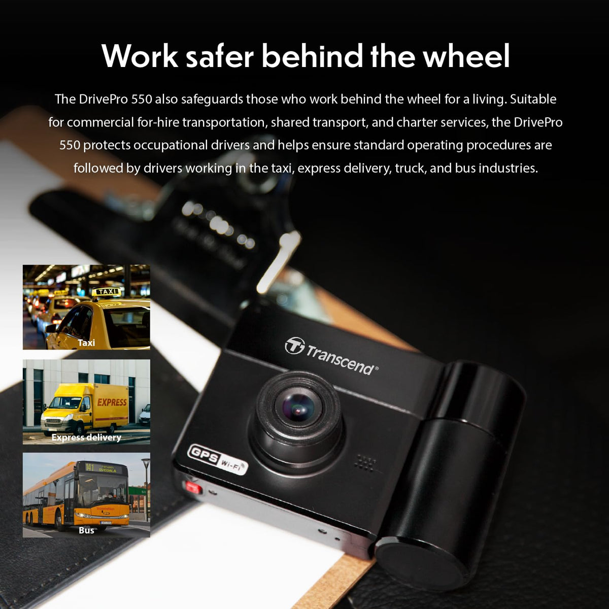 Transcend DrivePro 550B Front and Rear Dashcam, 2K + 1080p, GPS