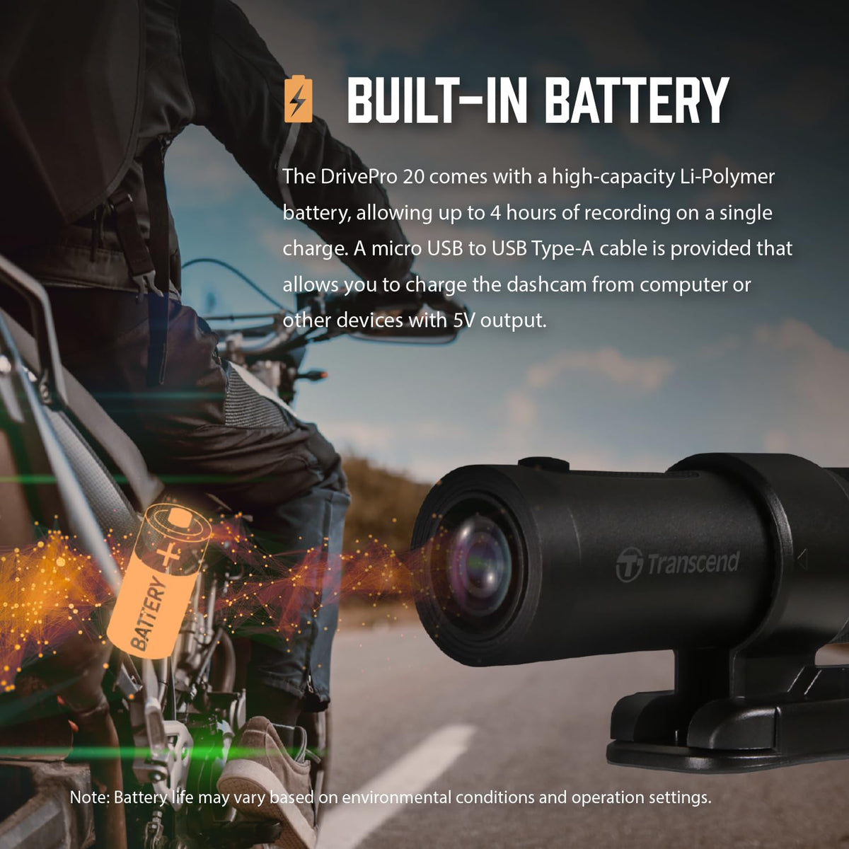 Transcend DrivePro 20 Motorcycle Dashcam, Full HD 1080p, IP68