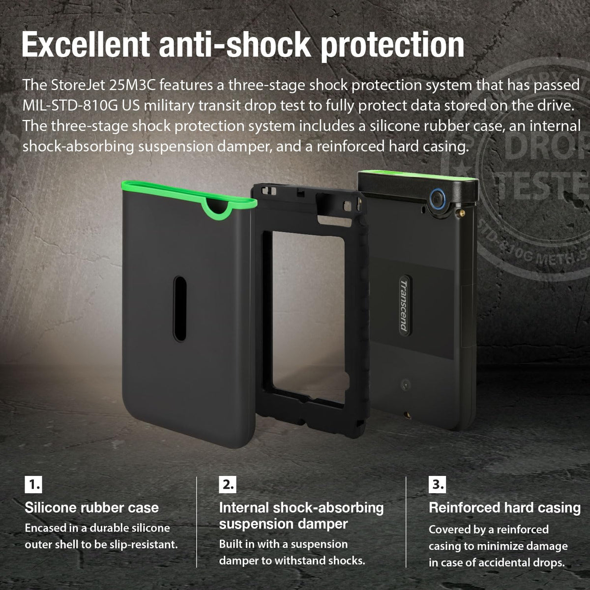 Transcend StoreJet 25M3 Rugged Portable Hard Drive, Anti-Shock