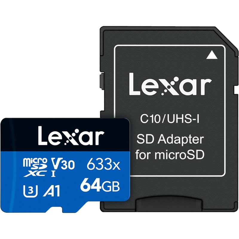 Lexar High-Performance 633x MicroSDHC UHS-I Card with SD Adapter - 64GB (LSDMI64GBB633A)