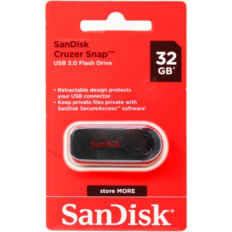 SanDisk USB Memory Black USB 2.0 Slide Retractable Cruzer Snap - 32GB